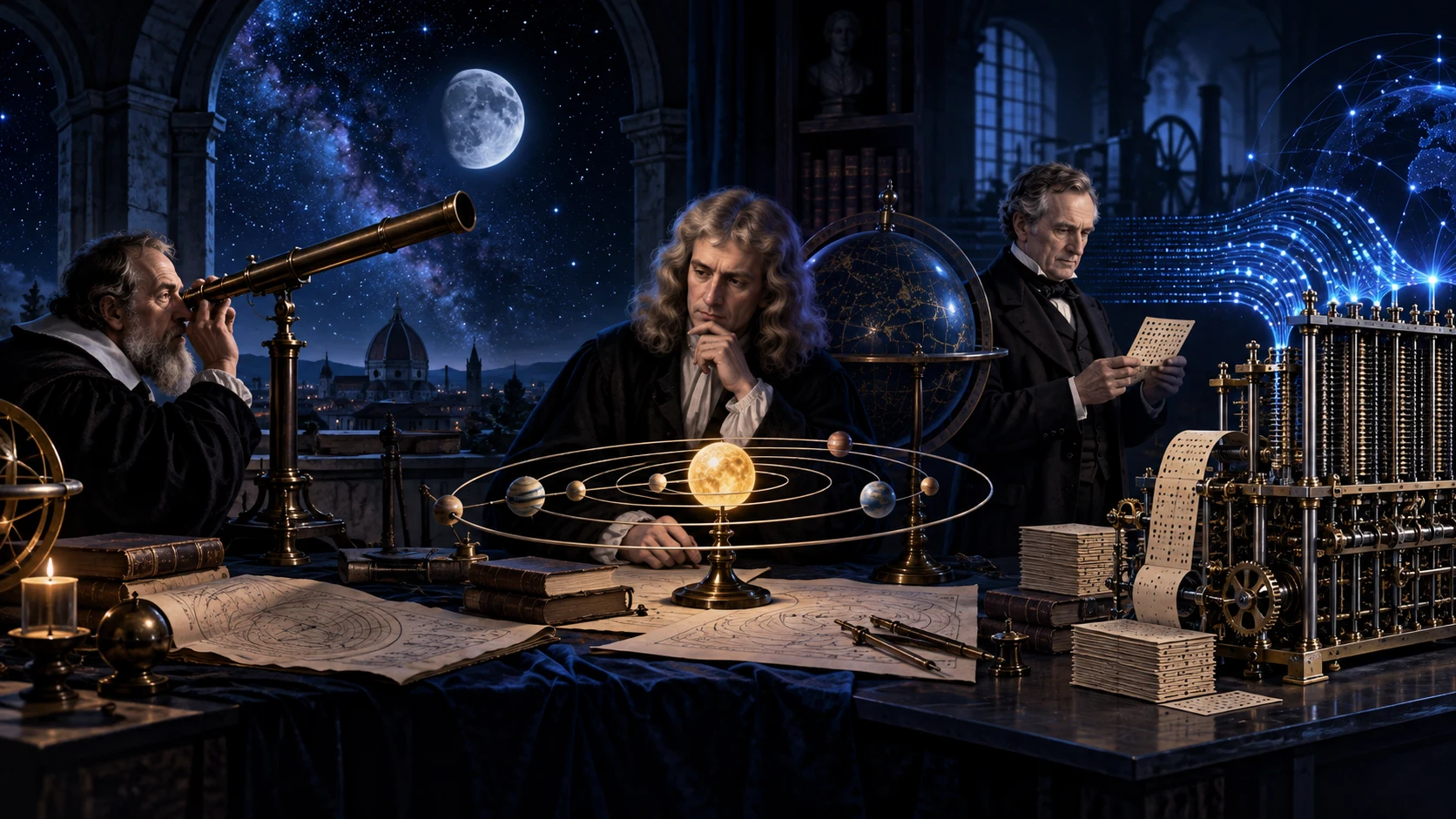 Galileo using a telescope, Newton studying orbital models, and Babbage working with a mechanical analytical engine